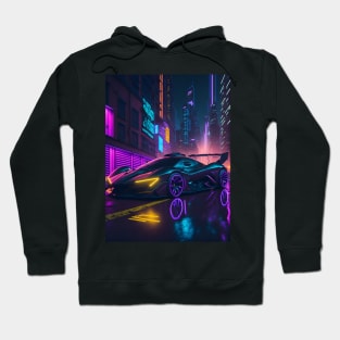 Dark Neon Sports Car in Japanese Neon City Hoodie